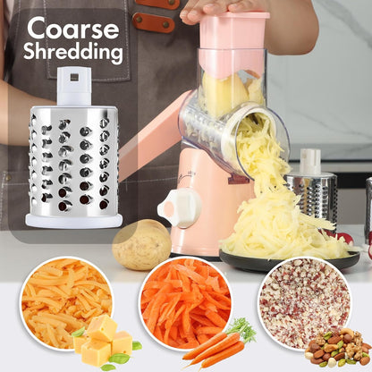 Cheese Grater Hand Crank, Rotary Vegetable Shredder with Handle and Strong Suction base, 3 in 1 Kitchen Speed Spin Veggie Slicer Nut Grinder for Pizza Top, Hash brown, Salad and More (Blue)