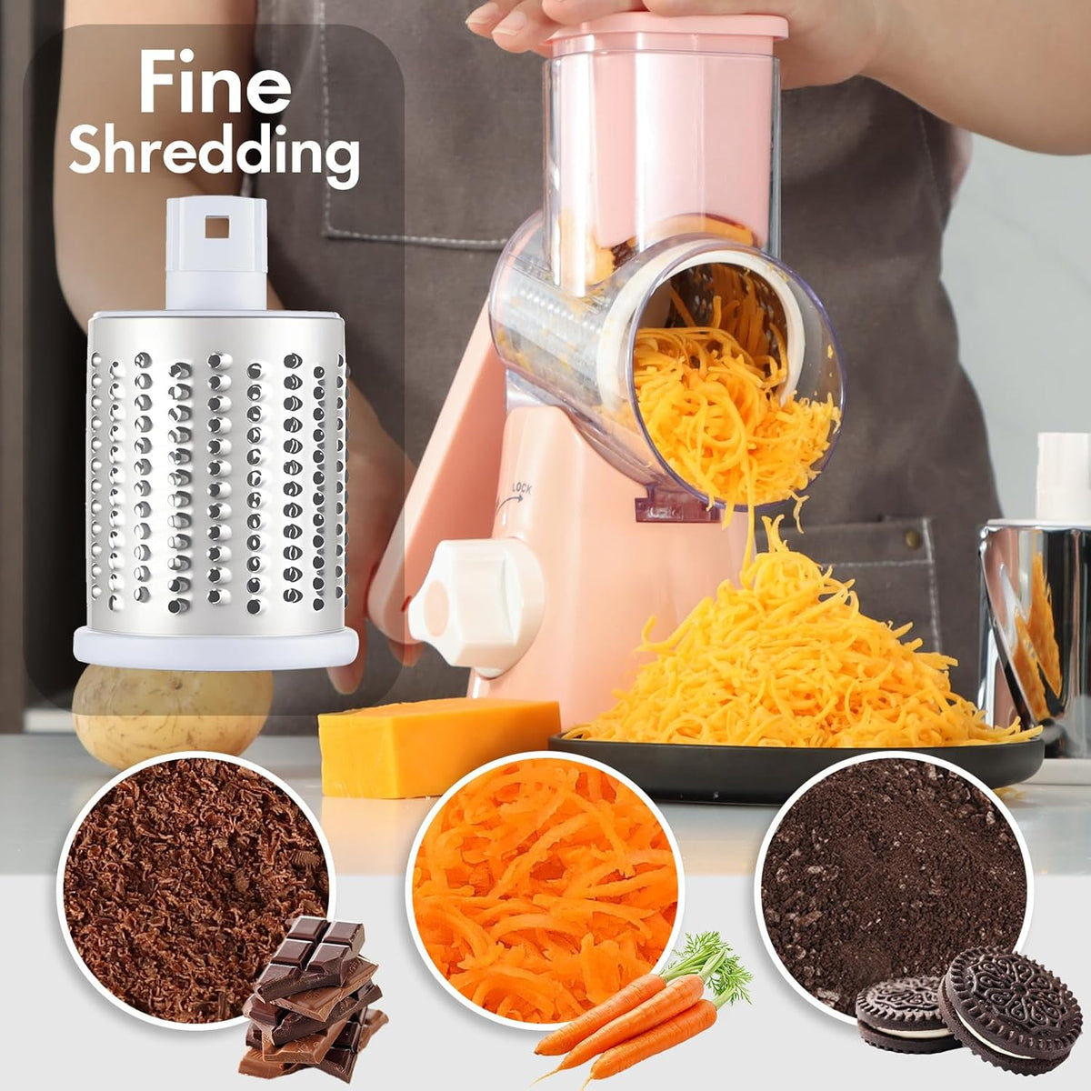 Cheese Grater Hand Crank, Rotary Vegetable Shredder with Handle and Strong Suction base, 3 in 1 Kitchen Speed Spin Veggie Slicer Nut Grinder for Pizza Top, Hash brown, Salad and More (Blue)