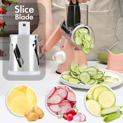 Cheese Grater Hand Crank, Rotary Vegetable Shredder with Handle and Strong Suction base, 3 in 1 Kitchen Speed Spin Veggie Slicer Nut Grinder for Pizza Top, Hash brown, Salad and More (Blue)