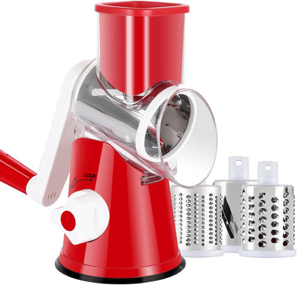 Cheese Grater Hand Crank, Rotary Vegetable Shredder with Handle and Strong Suction base, 3 in 1 Kitchen Speed Spin Veggie Slicer Nut Grinder for Pizza Top, Hash brown, Salad and More (Blue)