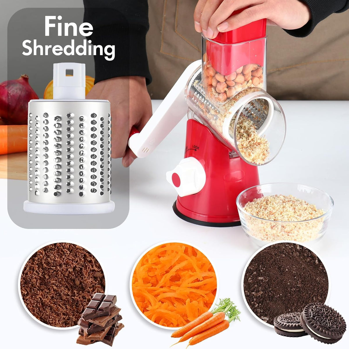 Cheese Grater Hand Crank, Rotary Vegetable Shredder with Handle and Strong Suction base, 3 in 1 Kitchen Speed Spin Veggie Slicer Nut Grinder for Pizza Top, Hash brown, Salad and More (Blue)