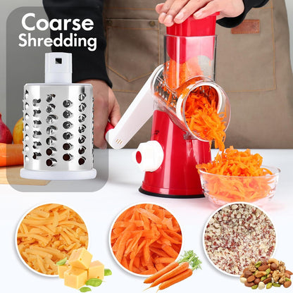 Cheese Grater Hand Crank, Rotary Vegetable Shredder with Handle and Strong Suction base, 3 in 1 Kitchen Speed Spin Veggie Slicer Nut Grinder for Pizza Top, Hash brown, Salad and More (Blue)