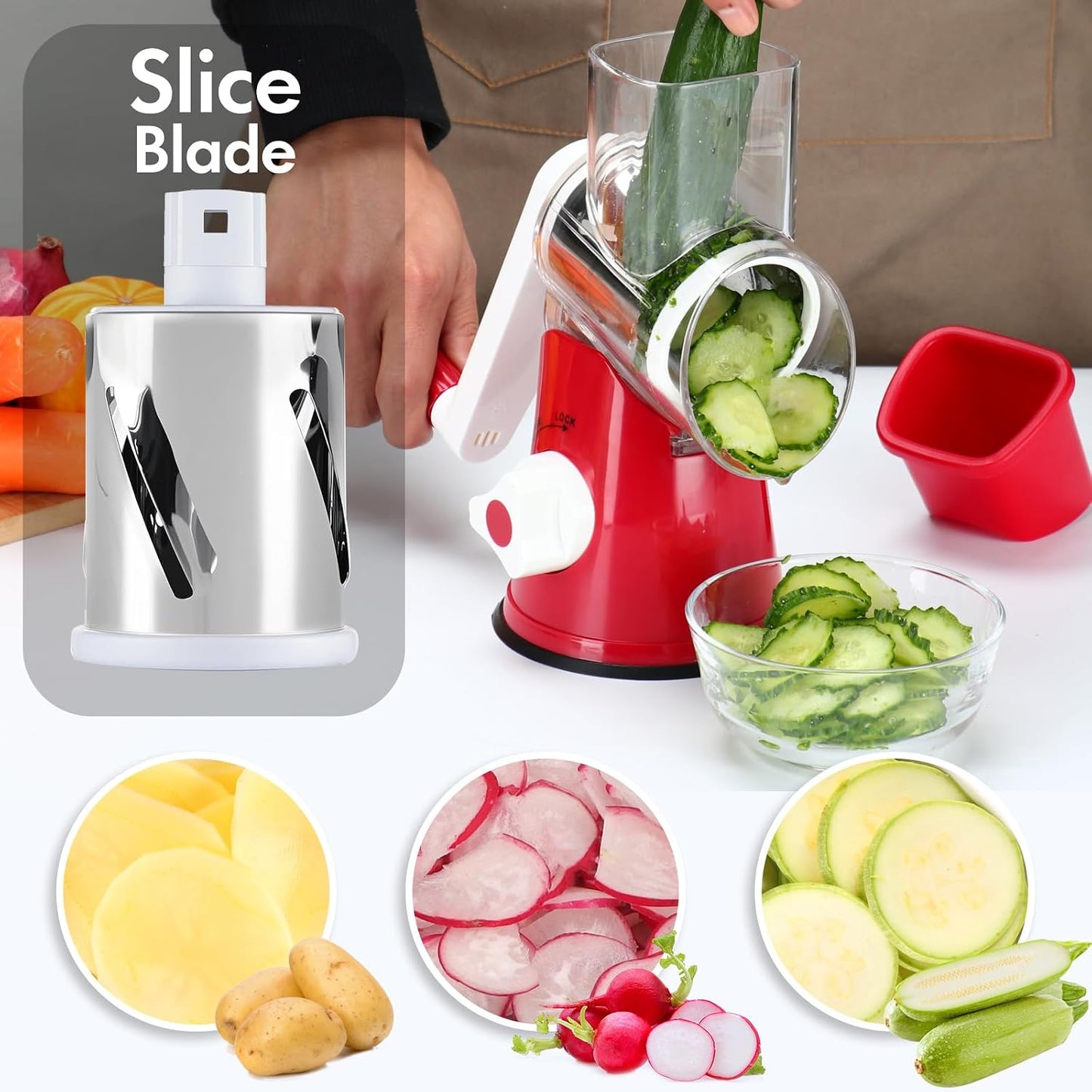Cheese Grater Hand Crank, Rotary Vegetable Shredder with Handle and Strong Suction base, 3 in 1 Kitchen Speed Spin Veggie Slicer Nut Grinder for Pizza Top, Hash brown, Salad and More (Blue)