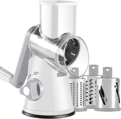 Cheese Grater Hand Crank, Rotary Vegetable Shredder with Handle and Strong Suction base, 3 in 1 Kitchen Speed Spin Veggie Slicer Nut Grinder for Pizza Top, Hash brown, Salad and More (Blue)