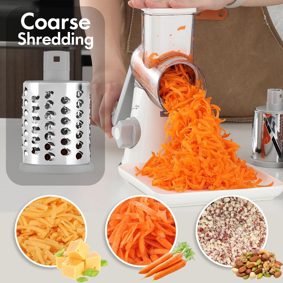 Cheese Grater Hand Crank, Rotary Vegetable Shredder with Handle and Strong Suction base, 3 in 1 Kitchen Speed Spin Veggie Slicer Nut Grinder for Pizza Top, Hash brown, Salad and More (Blue)