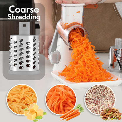 Cheese Grater Hand Crank, Rotary Vegetable Shredder with Handle and Strong Suction base, 3 in 1 Kitchen Speed Spin Veggie Slicer Nut Grinder for Pizza Top, Hash brown, Salad and More (Blue)