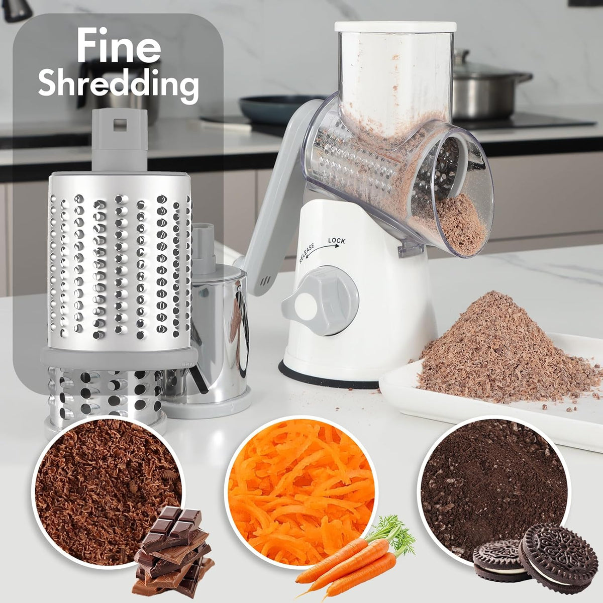 Cheese Grater Hand Crank, Rotary Vegetable Shredder with Handle and Strong Suction base, 3 in 1 Kitchen Speed Spin Veggie Slicer Nut Grinder for Pizza Top, Hash brown, Salad and More (Blue)