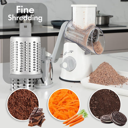 Cheese Grater Hand Crank, Rotary Vegetable Shredder with Handle and Strong Suction base, 3 in 1 Kitchen Speed Spin Veggie Slicer Nut Grinder for Pizza Top, Hash brown, Salad and More (Blue)