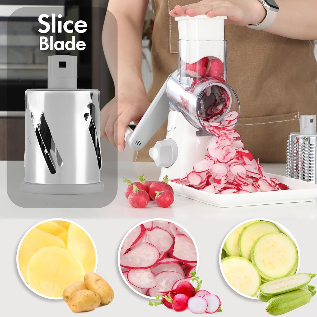 Cheese Grater Hand Crank, Rotary Vegetable Shredder with Handle and Strong Suction base, 3 in 1 Kitchen Speed Spin Veggie Slicer Nut Grinder for Pizza Top, Hash brown, Salad and More (Blue)
