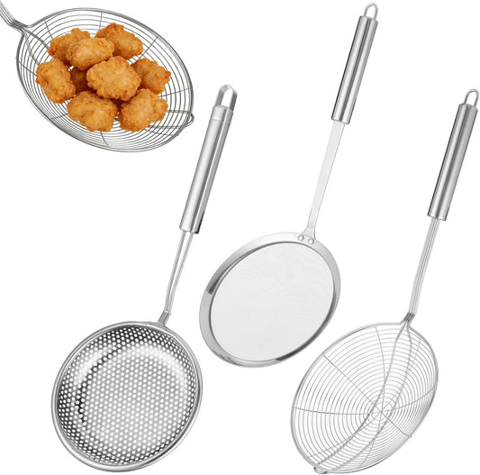 3 PCS Stainless Steel Spider Strainer Set, Long Handle Wire Skimmer Spoon and Fine Mesh Sieves, 304 Steel Kitchen Oil Frying Scoop, Noodle Pasta Strainer for Cooking, Hanging Loop