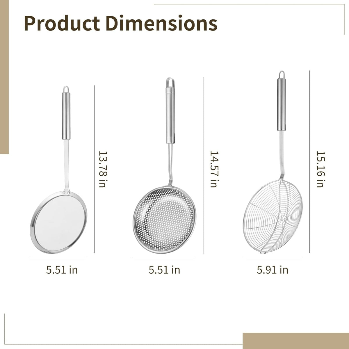 3 PCS Stainless Steel Spider Strainer Set, Long Handle Wire Skimmer Spoon and Fine Mesh Sieves, 304 Steel Kitchen Oil Frying Scoop, Noodle Pasta Strainer for Cooking, Hanging Loop