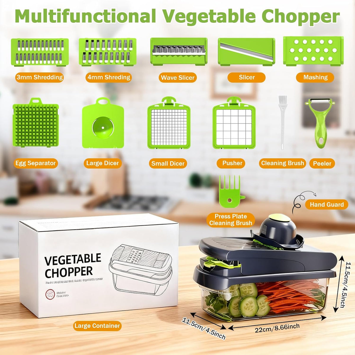 15 in 1 Vegetable Chopper with Container and Stainless Steel Blades