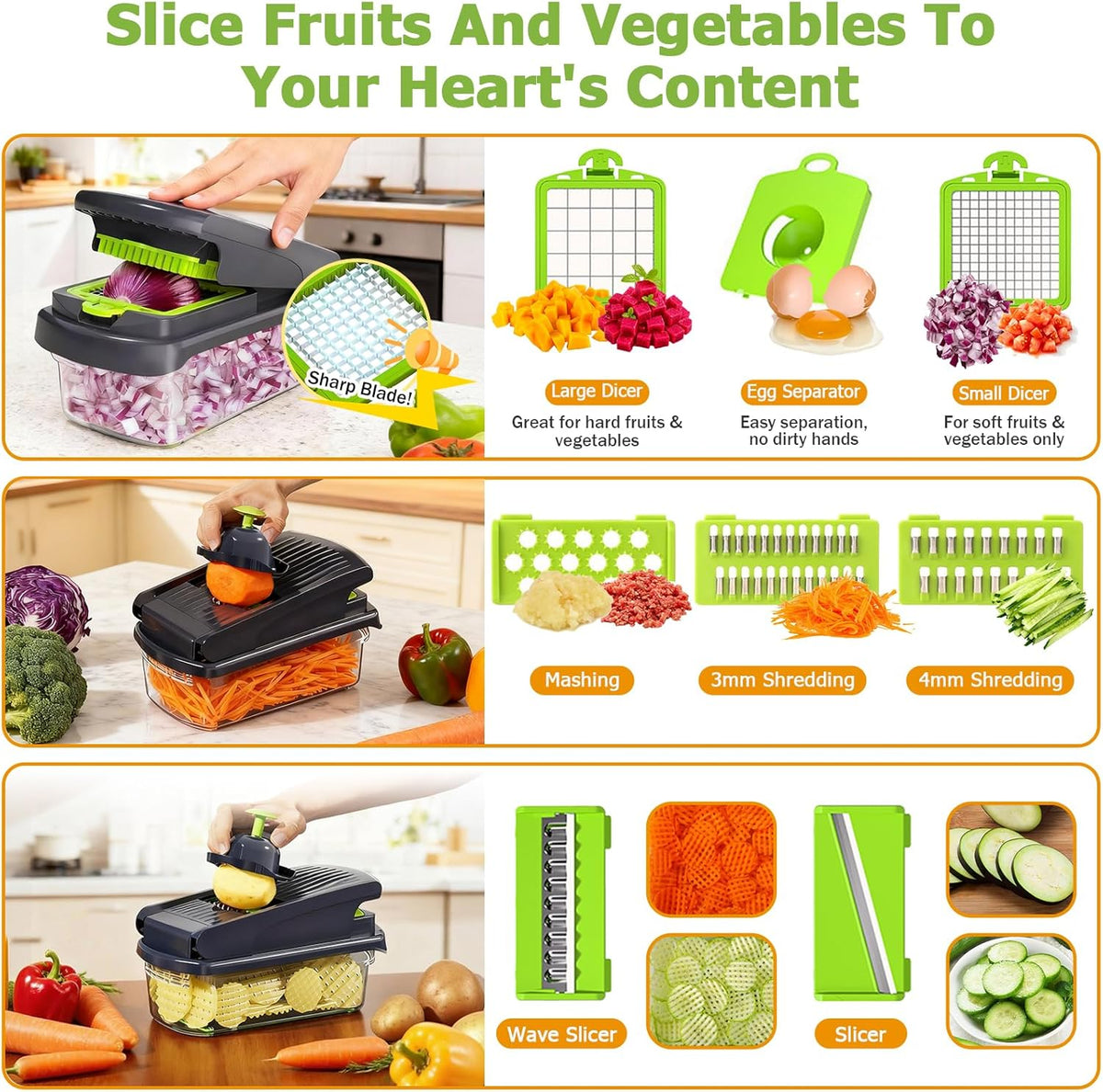 15 in 1 Vegetable Chopper with Container and Stainless Steel Blades