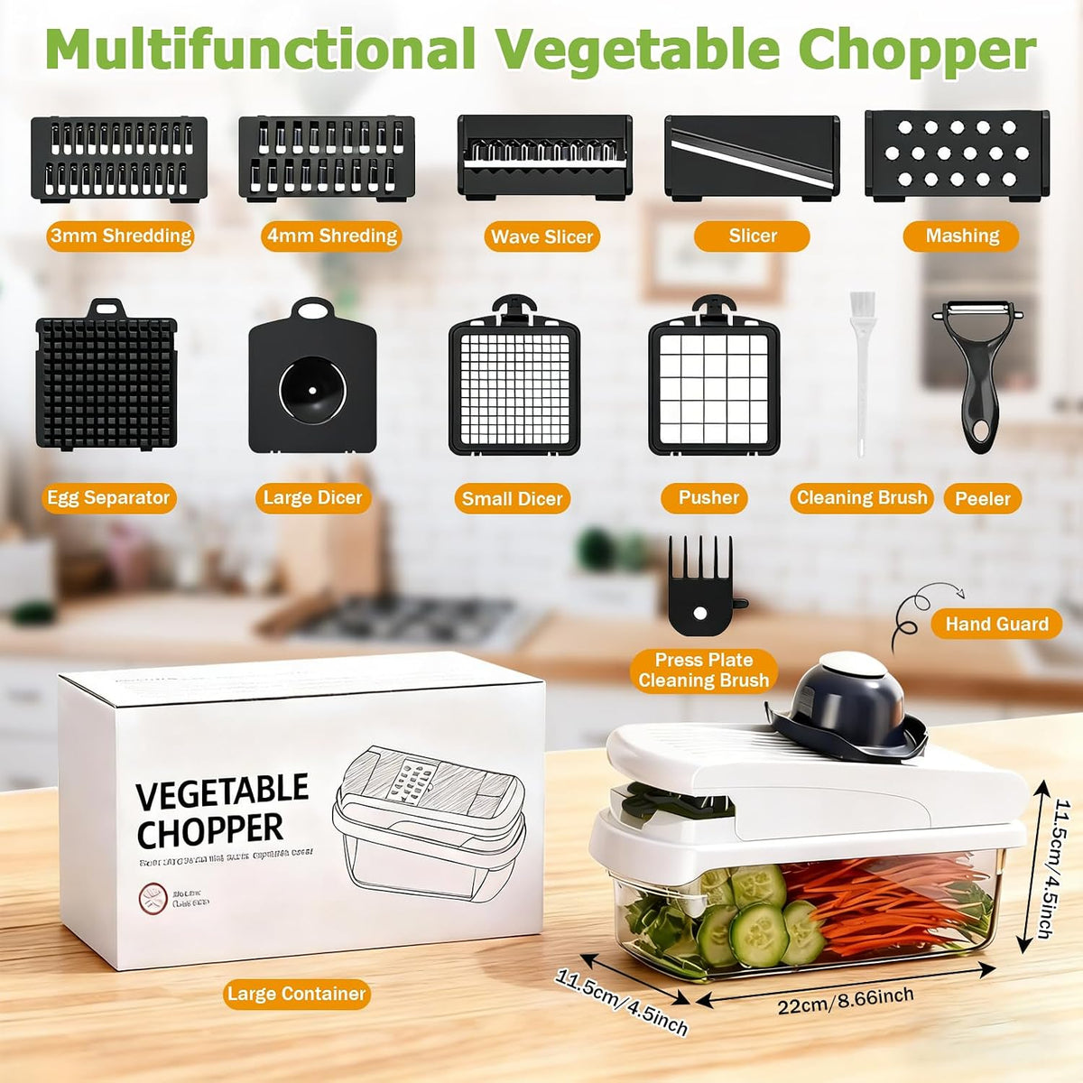15 in 1 Vegetable Chopper with Container and Stainless Steel Blades