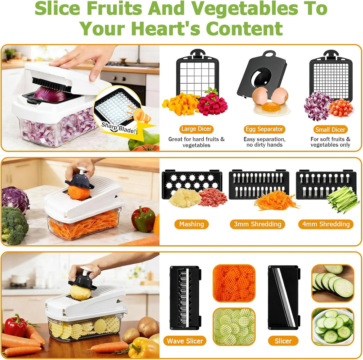 15 in 1 Vegetable Chopper with Container and Stainless Steel Blades