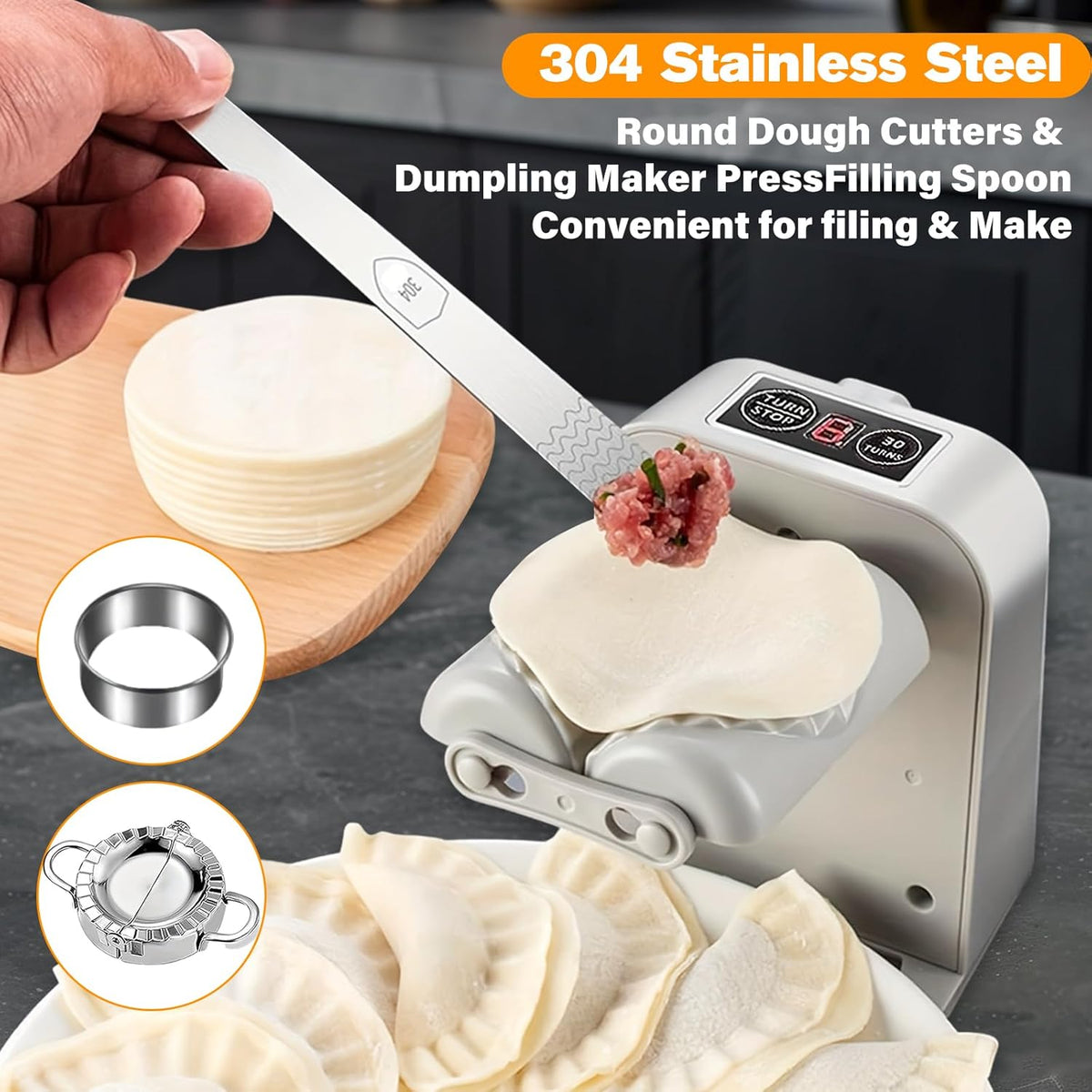 Automatic Dumpling Press Maker Machine, Christmas Birthday Gifts, Household Easy Quick Electric Dumpling Maker Press Machine with Empanada Maker Press,Dough Cutters,Spoon and Brush- For Home Kitchen