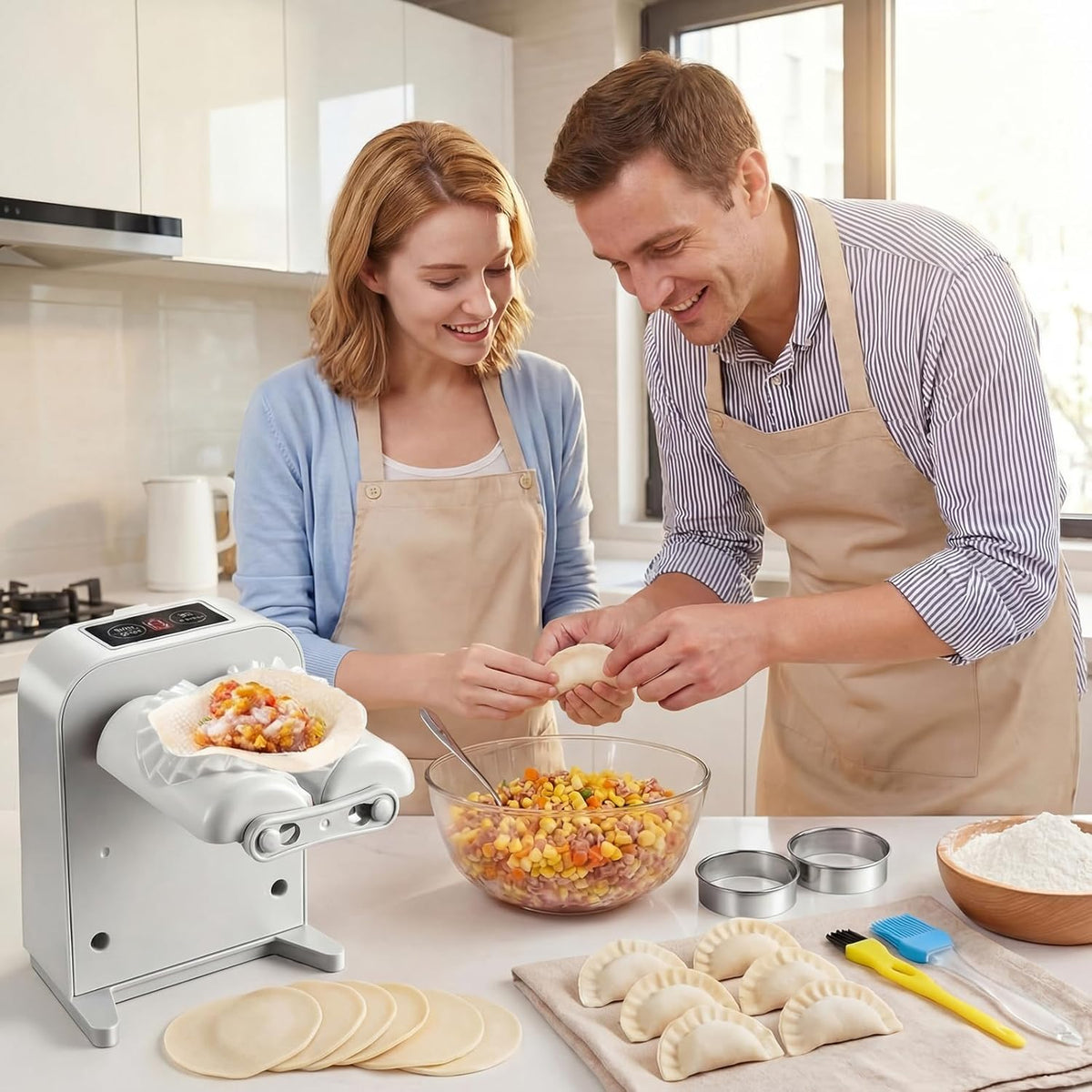 Automatic Dumpling Press Maker Machine, Christmas Birthday Gifts, Household Easy Quick Electric Dumpling Maker Press Machine with Empanada Maker Press,Dough Cutters,Spoon and Brush- For Home Kitchen