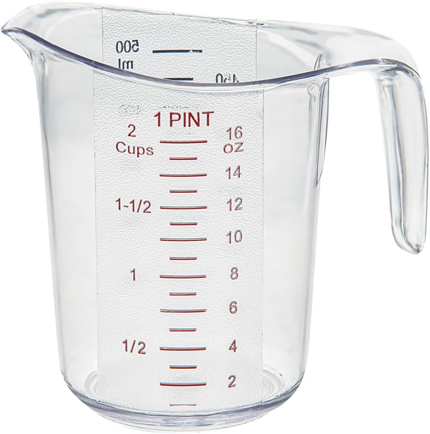 RW Base 1 Pint Measuring Jar 1 Durable Measuring Beaker - Metric And Imperial Units V-Shaped Spout Clear Plastic Measuring Cup Handle With Thumb-Grip Tolerates Up To 248F