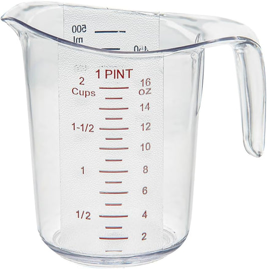 RW Base 1 Pint Measuring Jar 1 Durable Measuring Beaker - Metric And Imperial Units V-Shaped Spout Clear Plastic Measuring Cup Handle With Thumb-Grip Tolerates Up To 248F