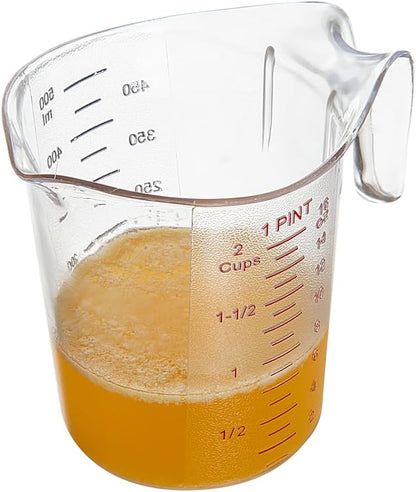 RW Base 1 Pint Measuring Jar 1 Durable Measuring Beaker - Metric And Imperial Units V-Shaped Spout Clear Plastic Measuring Cup Handle With Thumb-Grip Tolerates Up To 248F