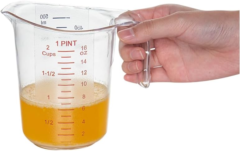 RW Base 1 Pint Measuring Jar 1 Durable Measuring Beaker - Metric And Imperial Units V-Shaped Spout Clear Plastic Measuring Cup Handle With Thumb-Grip Tolerates Up To 248F