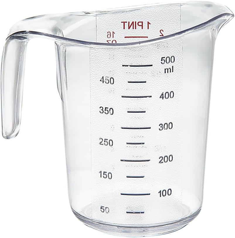 RW Base 1 Pint Measuring Jar 1 Durable Measuring Beaker - Metric And Imperial Units V-Shaped Spout Clear Plastic Measuring Cup Handle With Thumb-Grip Tolerates Up To 248F