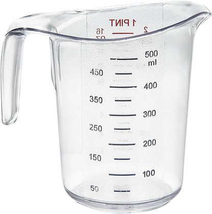 RW Base 1 Pint Measuring Jar 1 Durable Measuring Beaker - Metric And Imperial Units V-Shaped Spout Clear Plastic Measuring Cup Handle With Thumb-Grip Tolerates Up To 248F
