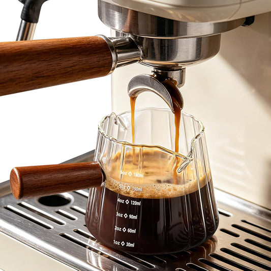 Espresso Cups: Coffee Bar Accessories and Espresso Accessories - 6oz Glass Measuring Cup - Double Spout Expresso Shots Cup - Double Espresso Cups with Wood Handle 1Pcs