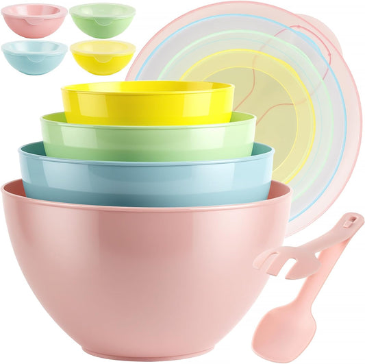 16 Piece Plastic Mixing Bowls with Lids Set includes 8 Prep Bowls & 8 Lids | Nesting Design, 2-in-1 Spoon-Fork, 1.1/2/3.4 /4.8QT, Large Salad Bowl for Preparing, Serving, and Storing, Dishwasher Safe
