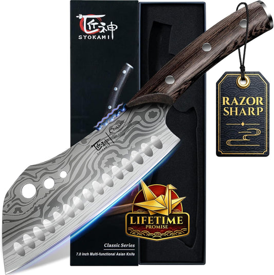 Cleaver Chef Knife with Herb Stripper, 7" Asian Kitchen Knife 3-in-1 Combined with Chef's Knife, Santoku, Nakiri for Slicing, Chopping, Dicing, Mincing, Housewarming Birthday Cooking Gifts
