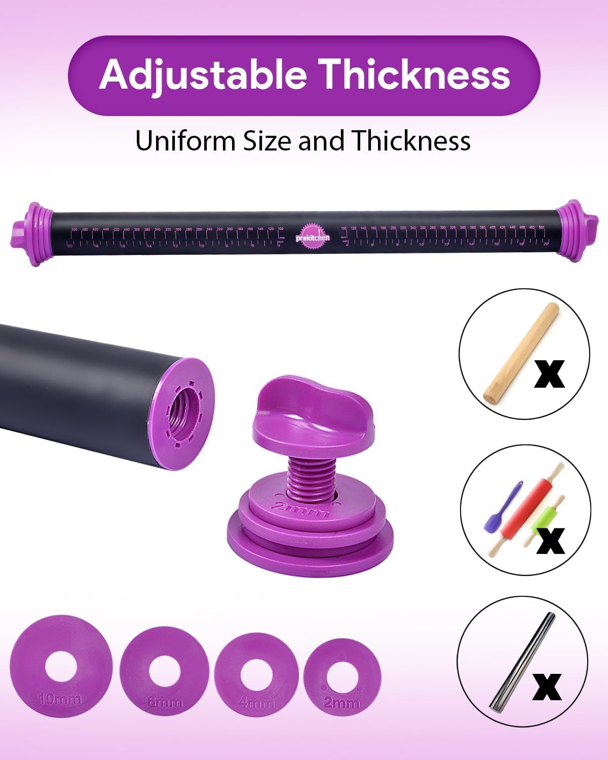 Silicone Rolling Pin with Thickness Rings, Adjustable Designs for Fondant, Cookie Decorating, Pasta, Pizza, 23.6 inch Purple Large Long Pin