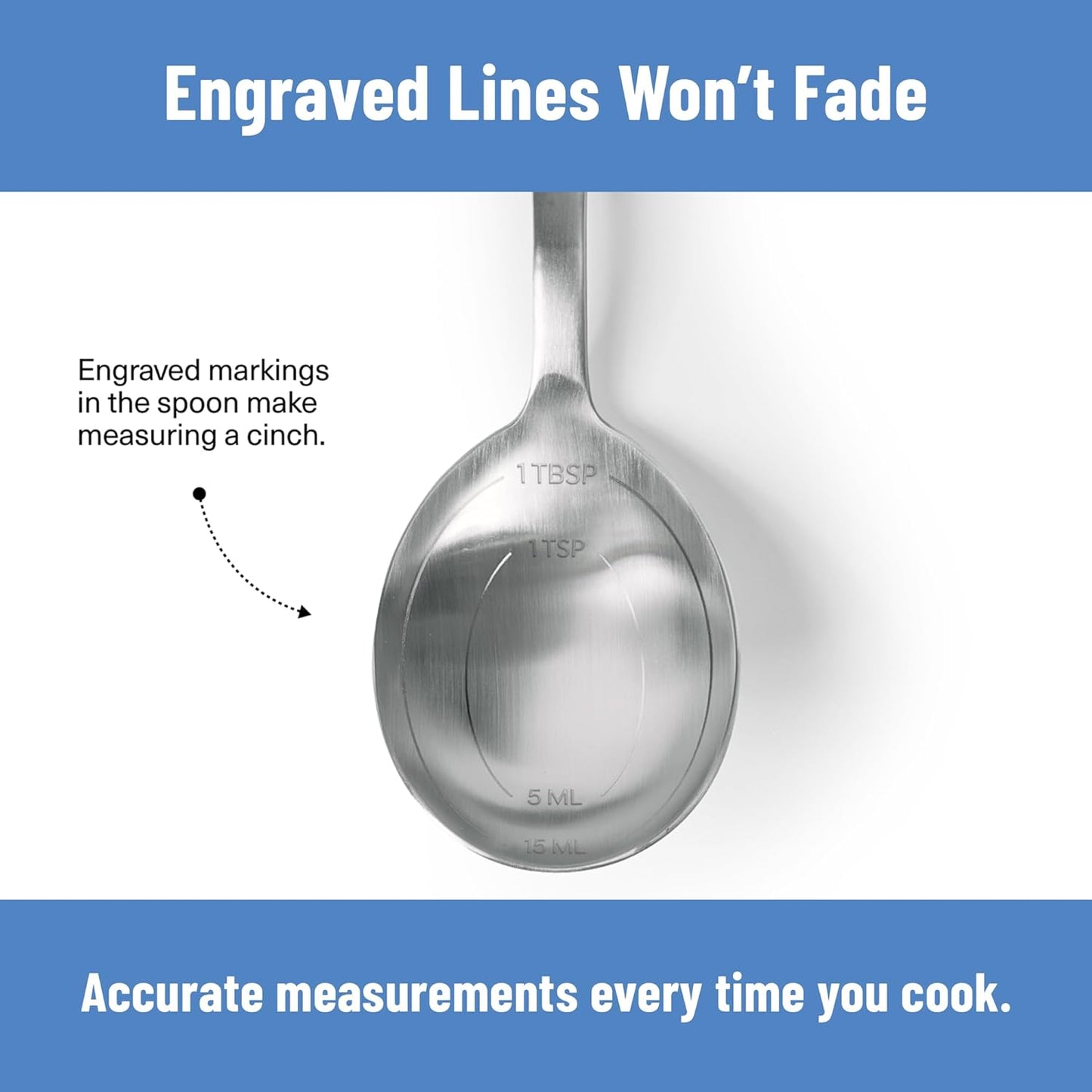 Measuring Chef Spoon – Stainless Steel Cooking Spoon with Engraved Tablespoon Teaspoon and Milliliter Markings for Precise Measuring Mixing Sauces Dressings Marinades and Cooking Prep