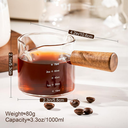 Espresso Measuring Cups, 3.5 oz Double Spout Glasses, Set of 2 | Clear bodies include handles, dual scales and V-shaped mouths for controlled pouring and serving double coffee shots at home
