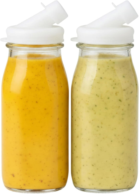 Salad Dressing Shaker Bottle - 12oz Glass Salad Dressing Dispenser Container with Silicone Pour Spout for Sauces, Ranch, and Marinades - Pack of 2