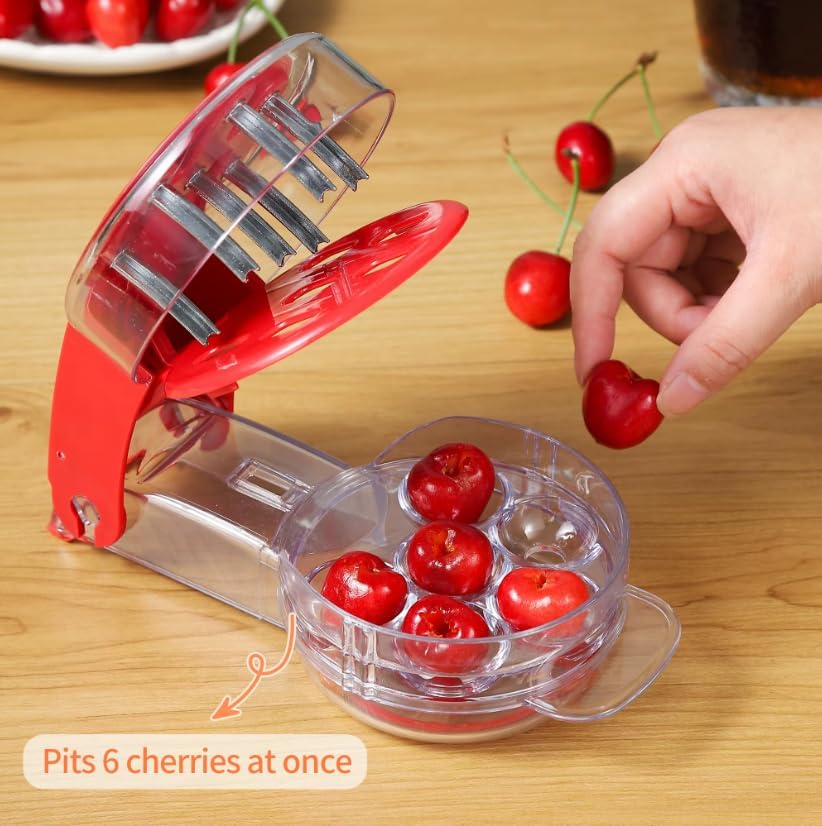 Cherry Pitter Tool - 6 Cherry Multi Pitter, Cherry Seed Remover & Cherry Pit Remover Tool, Stainless Steel Cherry Corer for Large Batch Prep, Baking, Canning & Olives