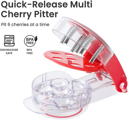 Cherry Pitter Tool - 6 Cherry Multi Pitter, Cherry Seed Remover & Cherry Pit Remover Tool, Stainless Steel Cherry Corer for Large Batch Prep, Baking, Canning & Olives