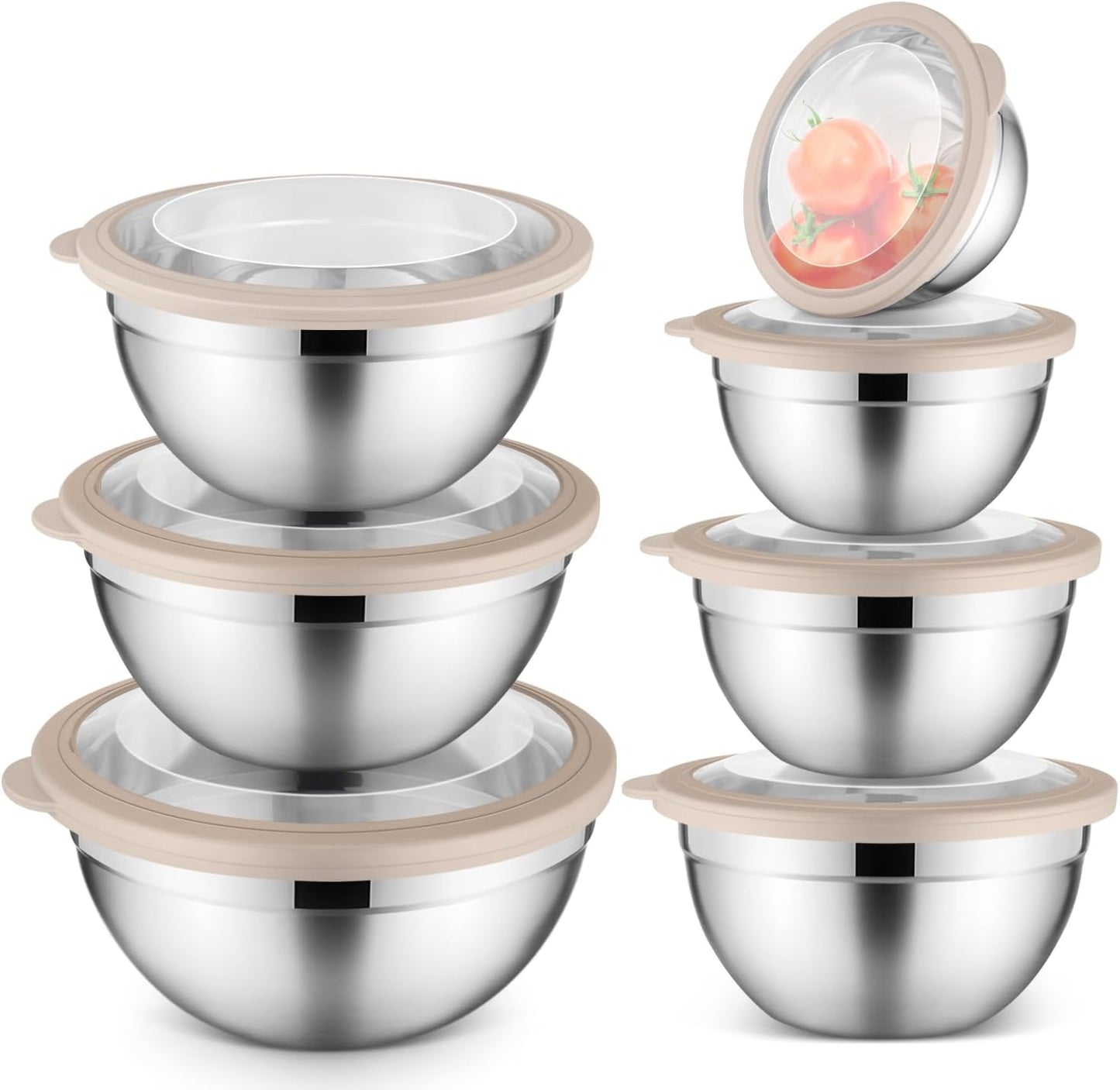 Stainless Steel Mixing Bowls with Airtight Clear Lids Set of 7, Metal Nesting Bowls for Kitchen Prep, Baking, Cooking, Serving, Salad, Dishwasher Safe, Size 4.6, 3.5, 3, 2, 1.5, 1, 0.7QT, Khaki