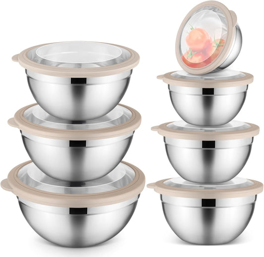 Stainless Steel Mixing Bowls with Airtight Clear Lids Set of 7, Metal Nesting Bowls for Kitchen Prep, Baking, Cooking, Serving, Salad, Dishwasher Safe, Size 4.6, 3.5, 3, 2, 1.5, 1, 0.7QT, Khaki