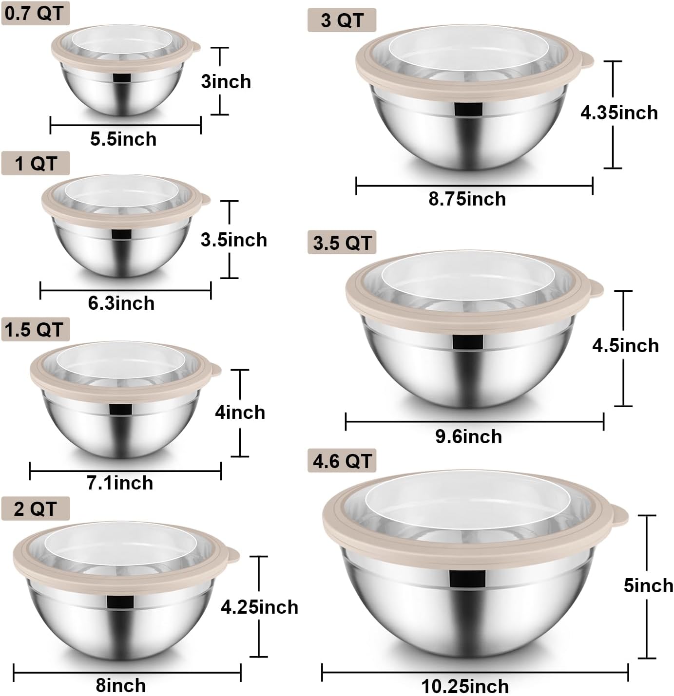 Stainless Steel Mixing Bowls with Airtight Clear Lids Set of 7, Metal Nesting Bowls for Kitchen Prep, Baking, Cooking, Serving, Salad, Dishwasher Safe, Size 4.6, 3.5, 3, 2, 1.5, 1, 0.7QT, Khaki