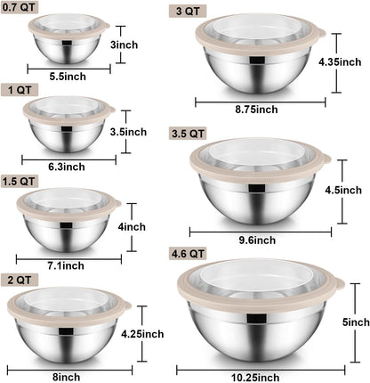Stainless Steel Mixing Bowls with Airtight Clear Lids Set of 7, Metal Nesting Bowls for Kitchen Prep, Baking, Cooking, Serving, Salad, Dishwasher Safe, Size 4.6, 3.5, 3, 2, 1.5, 1, 0.7QT, Khaki