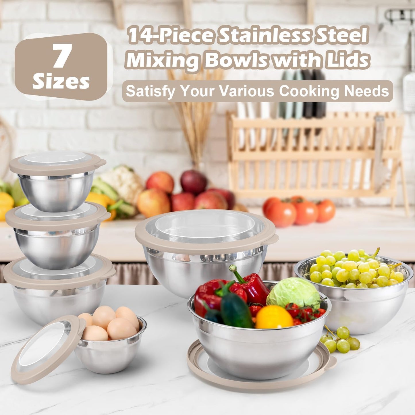 Stainless Steel Mixing Bowls with Airtight Clear Lids Set of 7, Metal Nesting Bowls for Kitchen Prep, Baking, Cooking, Serving, Salad, Dishwasher Safe, Size 4.6, 3.5, 3, 2, 1.5, 1, 0.7QT, Khaki