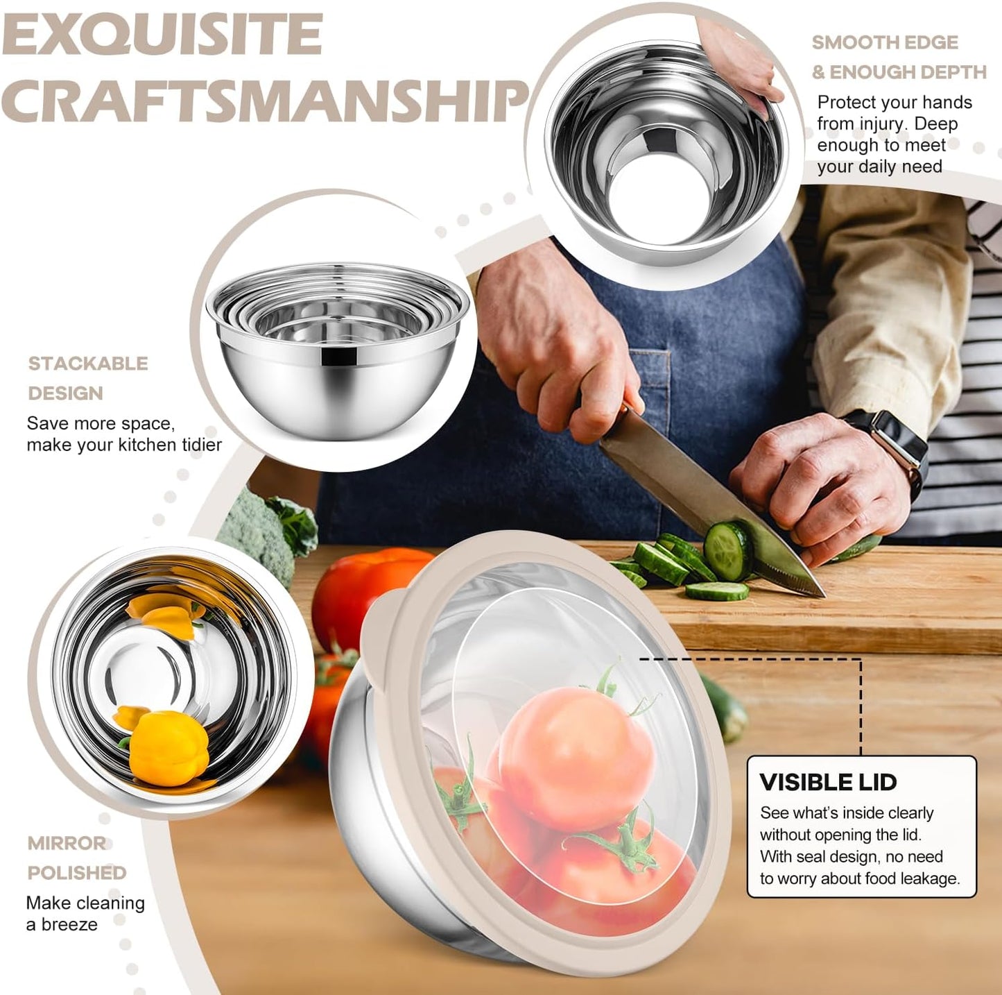 Stainless Steel Mixing Bowls with Airtight Clear Lids Set of 7, Metal Nesting Bowls for Kitchen Prep, Baking, Cooking, Serving, Salad, Dishwasher Safe, Size 4.6, 3.5, 3, 2, 1.5, 1, 0.7QT, Khaki