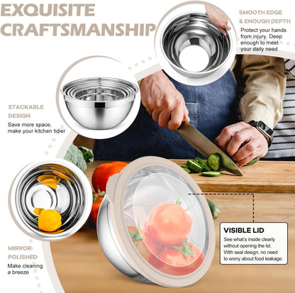 Stainless Steel Mixing Bowls with Airtight Clear Lids Set of 7, Metal Nesting Bowls for Kitchen Prep, Baking, Cooking, Serving, Salad, Dishwasher Safe, Size 4.6, 3.5, 3, 2, 1.5, 1, 0.7QT, Khaki