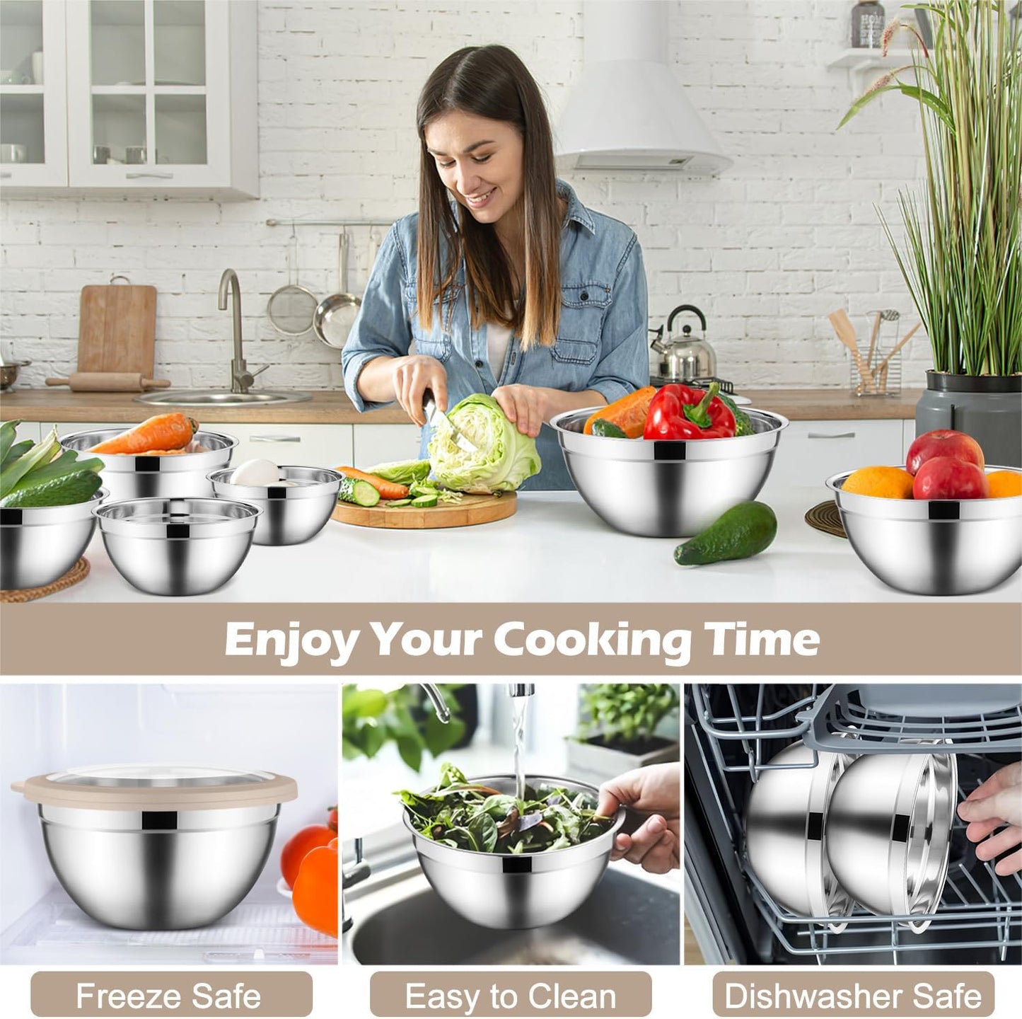 Stainless Steel Mixing Bowls with Airtight Clear Lids Set of 7, Metal Nesting Bowls for Kitchen Prep, Baking, Cooking, Serving, Salad, Dishwasher Safe, Size 4.6, 3.5, 3, 2, 1.5, 1, 0.7QT, Khaki