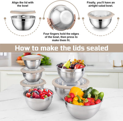 Stainless Steel Mixing Bowls with Airtight Clear Lids Set of 7, Metal Nesting Bowls for Kitchen Prep, Baking, Cooking, Serving, Salad, Dishwasher Safe, Size 4.6, 3.5, 3, 2, 1.5, 1, 0.7QT, Khaki