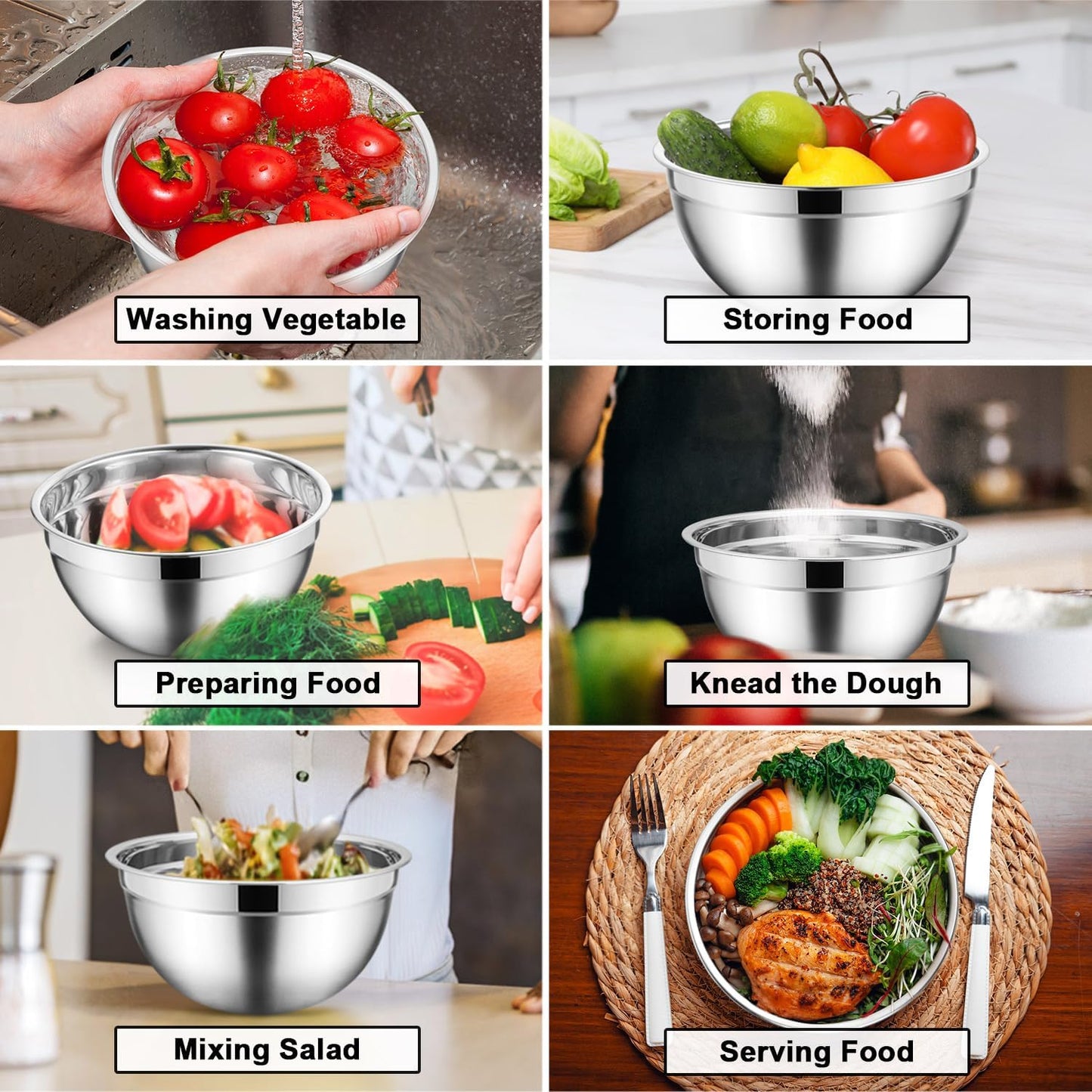Stainless Steel Mixing Bowls with Airtight Clear Lids Set of 7, Metal Nesting Bowls for Kitchen Prep, Baking, Cooking, Serving, Salad, Dishwasher Safe, Size 4.6, 3.5, 3, 2, 1.5, 1, 0.7QT, Khaki
