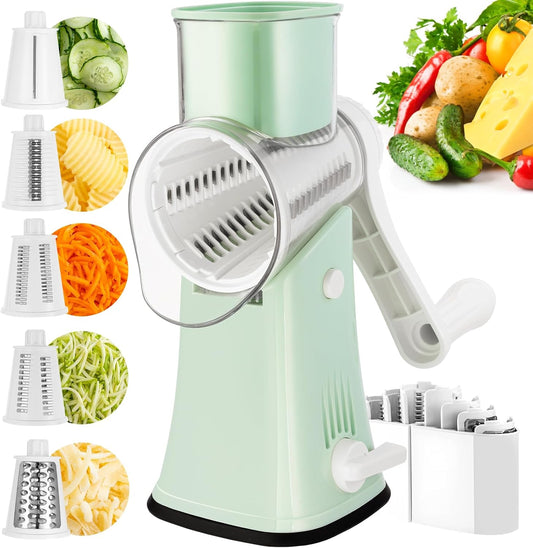 5 in 1 Rotary Cheese Grater Hand Crank, Cheese Shredder with Handle | Replaceable Stainless Blades Cheese Shredder, Cheese Vegetable Slicer, Easy to Clean Kitchen Gadgets with Storage Box