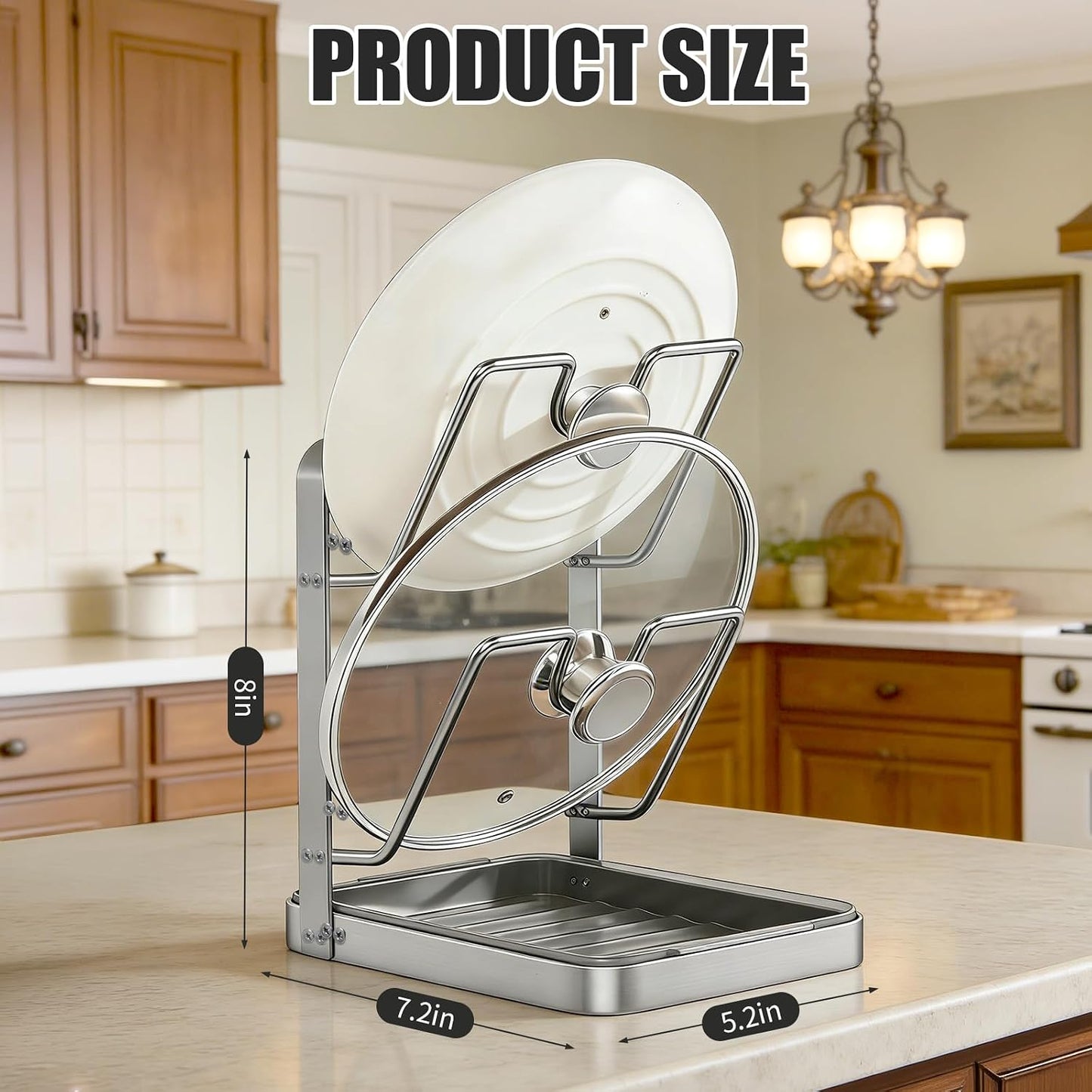 304 Stainless Steel Pot Lid Holder with Drip Tray, Countertop Organizer | Convenient While Cooking Removable Drip Tray Multifunctional Organizer Space-Saving Design Easy to Clean