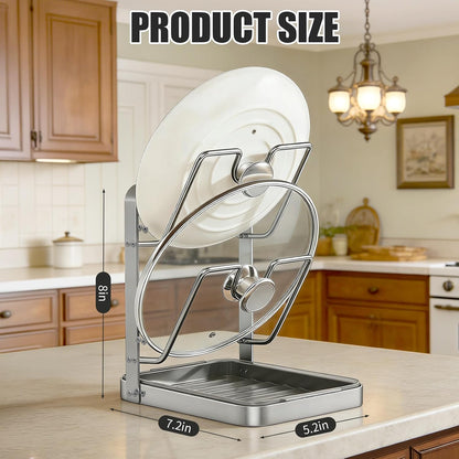 304 Stainless Steel Pot Lid Holder with Drip Tray, Countertop Organizer | Convenient While Cooking Removable Drip Tray Multifunctional Organizer Space-Saving Design Easy to Clean