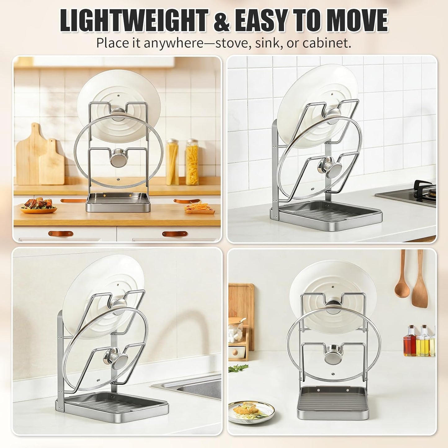 304 Stainless Steel Pot Lid Holder with Drip Tray, Countertop Organizer | Convenient While Cooking Removable Drip Tray Multifunctional Organizer Space-Saving Design Easy to Clean